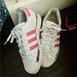 Limited Edition Adidas Women's White and Pink Striped Sneakers